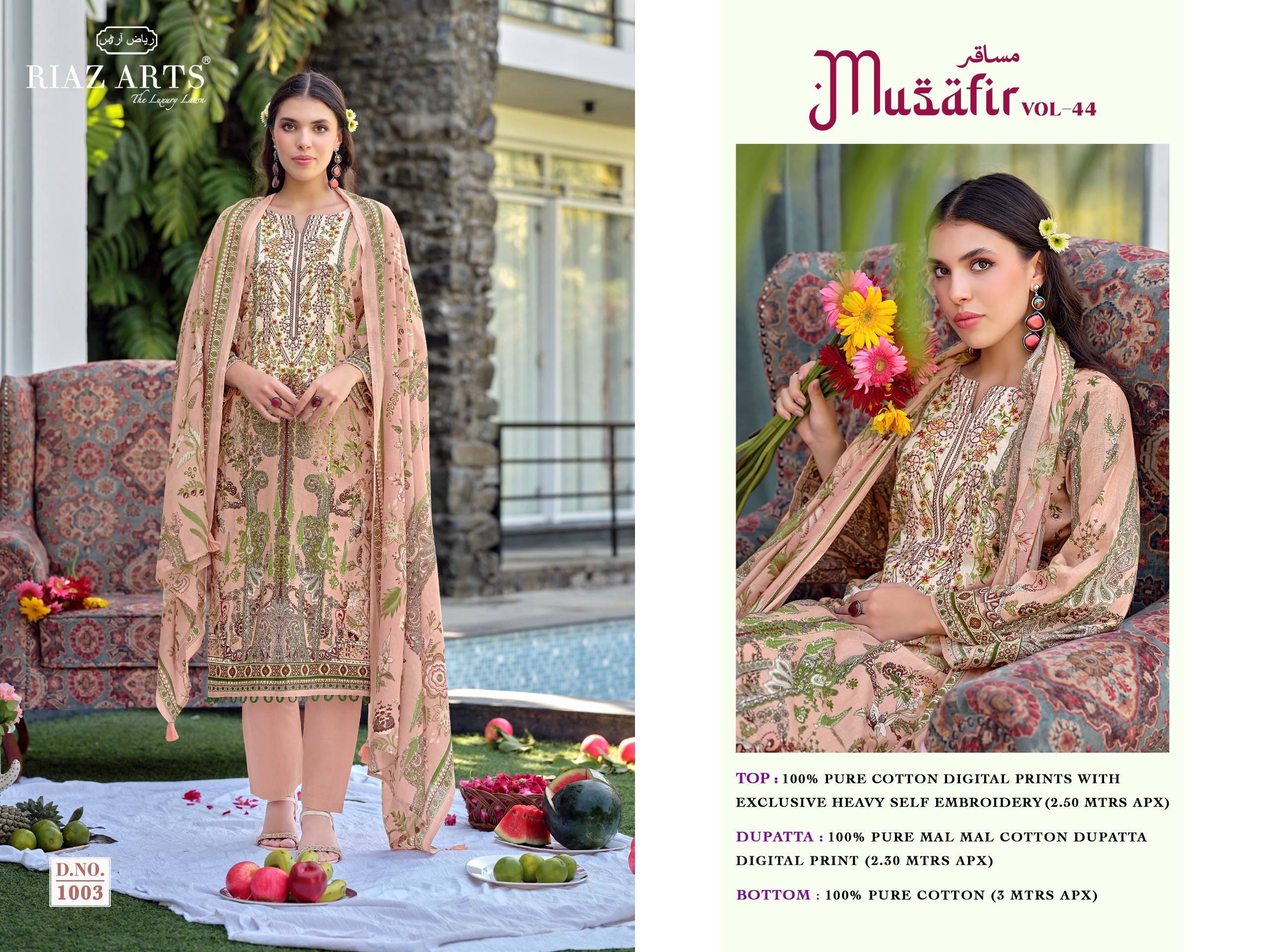 MUSAFIR VOL-44 By RIAZ ARTS 1001 To 1008 Series Beautiful Festive Suits Stylish Colorful Fancy Casual Wear Pure Cotton Dresses At Wholesale Price